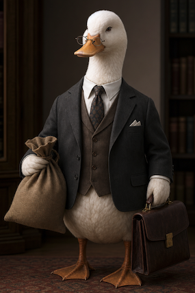 The Duck in a suit, carrying a burlap sack and briefcase